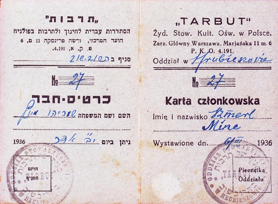 Shmaryahu Mintz's "Tarbut" Card, Hrubieszow, Poland, 1936