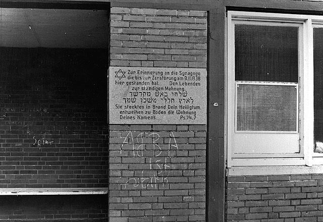 Memorial plaque for the synagogue destroyed during Kristallnacht in Leer, Germany, 1980's