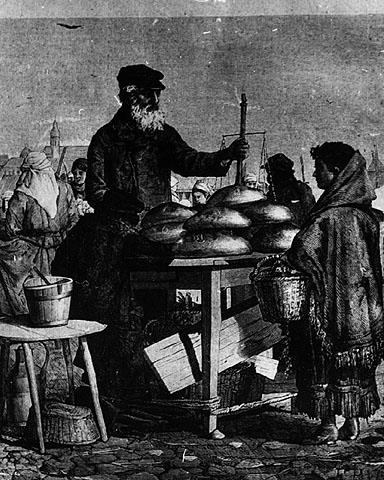 יהודי מוכר לחם ברובע פרגה, וארשה. פולין, 1880. תחריט