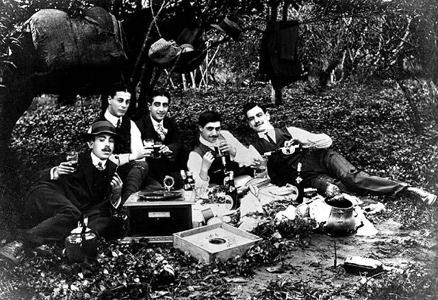 Group of young men in a Ppcnic in the 'Dipolmats' Forest', Tangier 1910